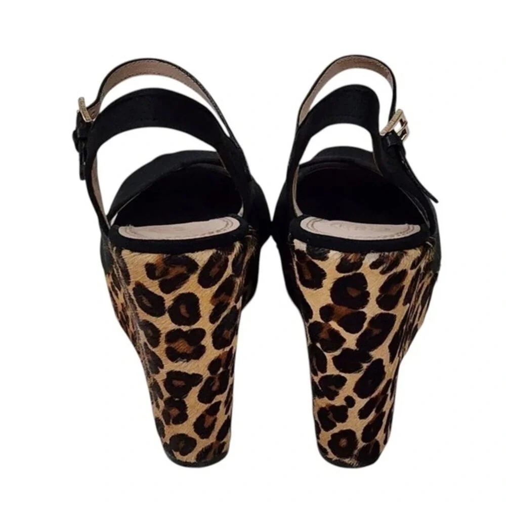 Tory Burch Black Criss Cross Leopard Print Wedge Platform Heels Sandals 9.5‎